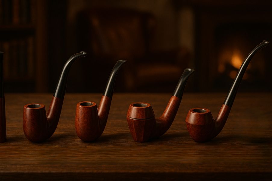 Five labeled tobacco pipes in different shapes on a wooden table, with a warm study in the background